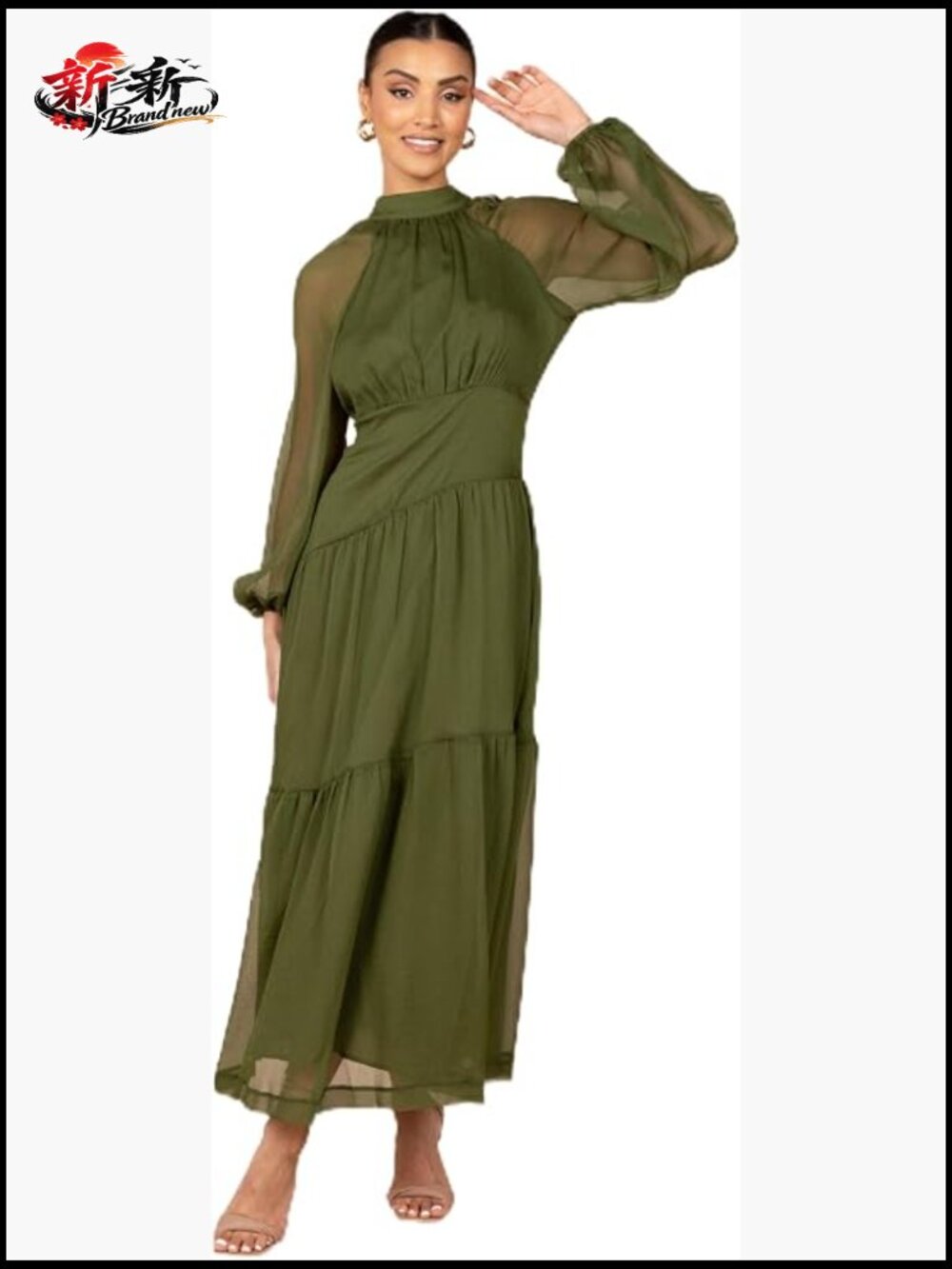Sheer Long Sleeve Maxi Dress High Neck A-Line Special Occasion Tie Back